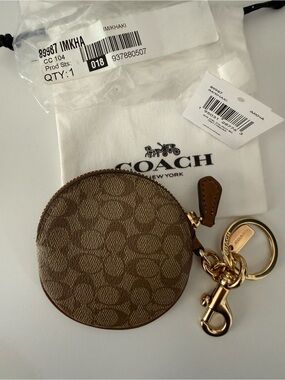 Coach Khaki Signature Round Key Coin Pouch with Gold Hardware